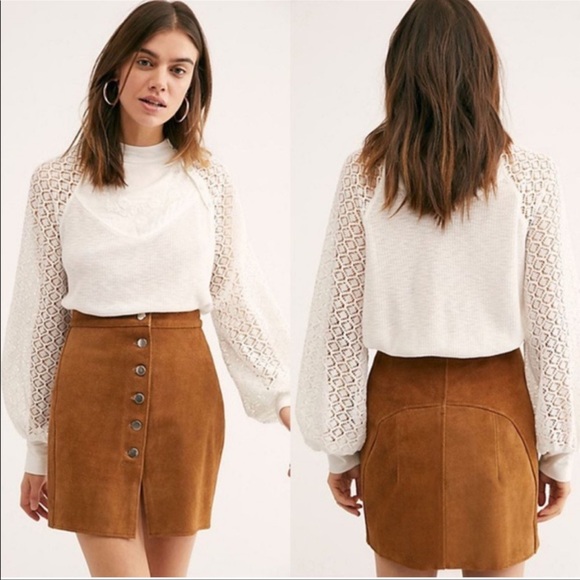 Free People Sweetest Thing Thermal Top size M Lace Balloon Sleeve in White - Picture 2 of 16